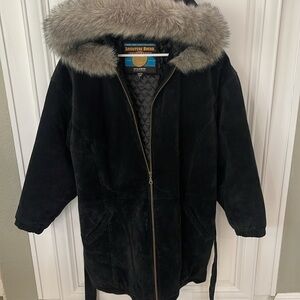 Wilsons Adventure Bound Black Suede Leather Jacket Faux Fur Trim Hood Size Large